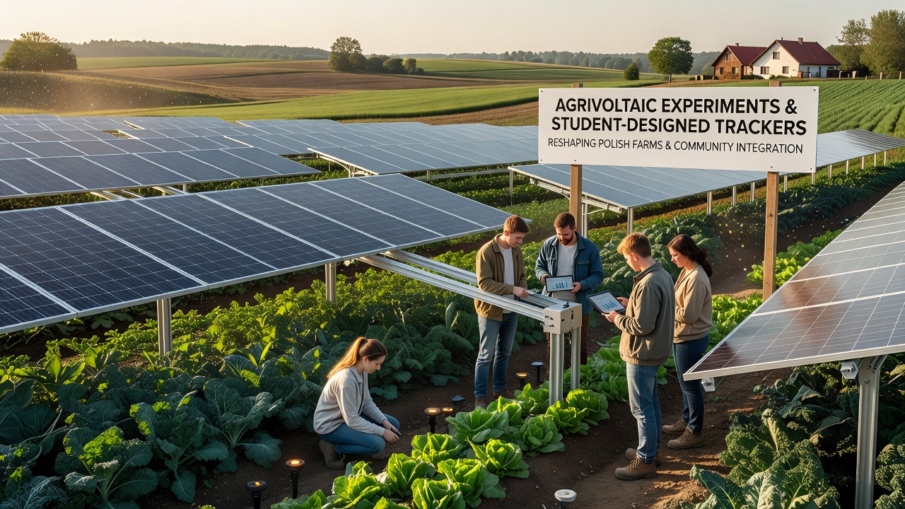 Students installing a custom single-axis solar tracker on an agrivoltaic test plot, with wiring and control box visible